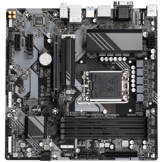 Mainboard|GIGABYTE|Intel B760 Express|LGA1700|Micro-ATX|Memory DDR5|Memory slots 4|2xPCI-Express 3.0 1x|1xPCI-Express 4.0 16x|2xM.2|1x15pin D-sub|1xHDMI|2xDisplayPort|2xUSB 2.0|3xUSB 3.2|1xUSB-C|1xPS/2|1xRJ45|3xAudio port|B760MDS3H