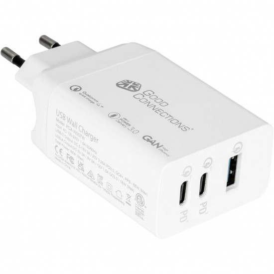 USB-Schnellladeger t 65W mit GaN-Technologie 3-Port 2xUSB-C USB-A PD3.0 QC3.0 GoodConnections White