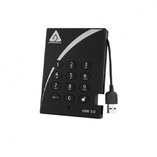 1TB Apricorn Aegis Padlock 3.0 256-bit AES XTS hardware encrypted, USB 3.0 portable drive.